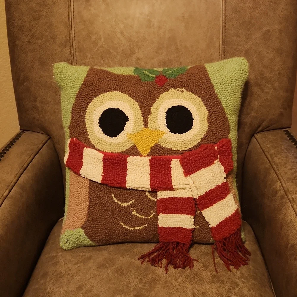 Owl holiday stitched pillow NWOT